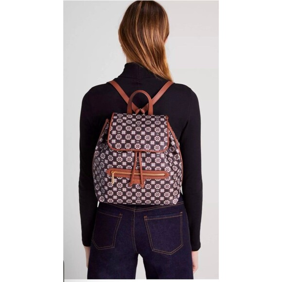 New Kate Spade Flower Monogram Coated Canvas Medium Backpack Black Multi - Picture 3 of 6